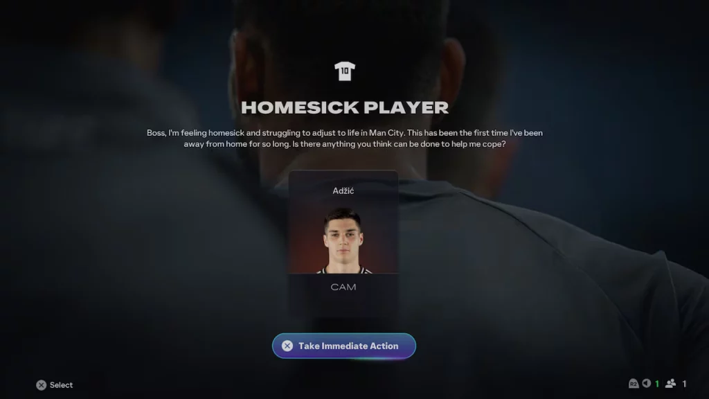 Das Spiel zeigt einen Spieler mit Heimweh als unerwartetes Event im EA FC 26 Karrieremodus