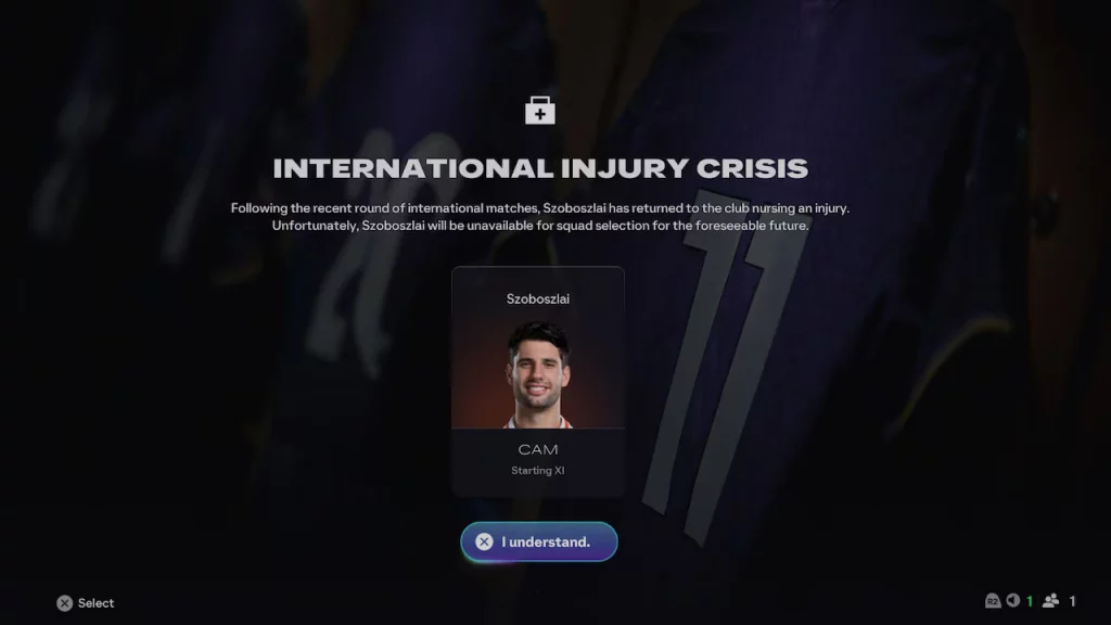 Das Bild zeigt eine Verletzungskrise als unerwartetes Event im EA FC 26 Karrieremodus