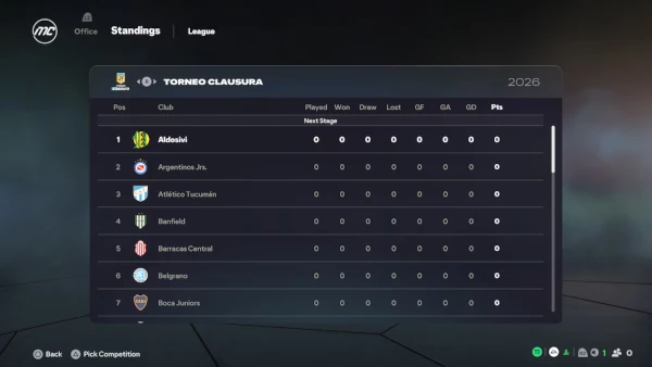 Das Bild zeigt die argentisiche Liga im EA FC 26 Karrieremodus