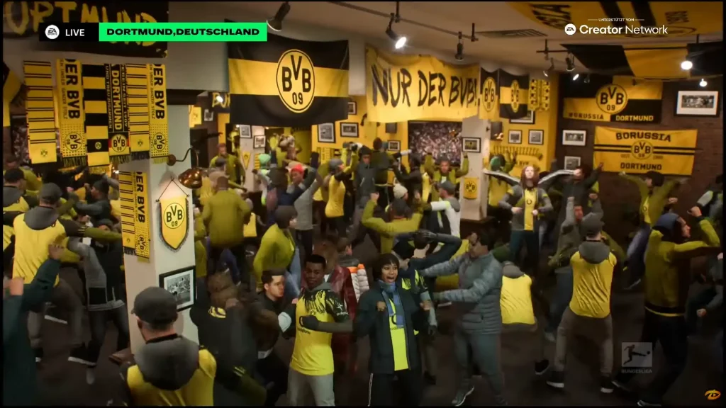 Das Bild zeigt die Fans von Borussia Dortmund in der Fanzone im EA FC 26 Karrieremodus