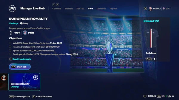 Das Bild zeigt den Manager Live Hub im EA FC 26 Karrieremodus mit dem Szenario European Royalty