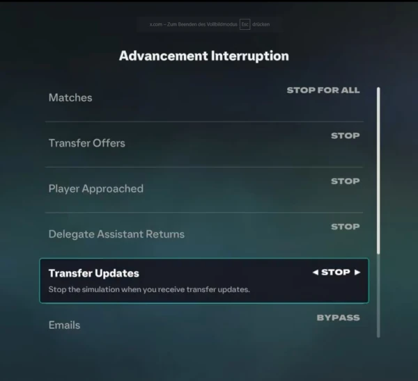 Das Bild zeigt die Einstellungen für die Unterbrechung des Wochenlaufs im EA FC 26 Karrieremodus