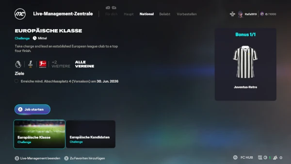 Das Bild zeigt die Live Challenge Europäischer Ruhm im EA FC 26 Karrieremodus