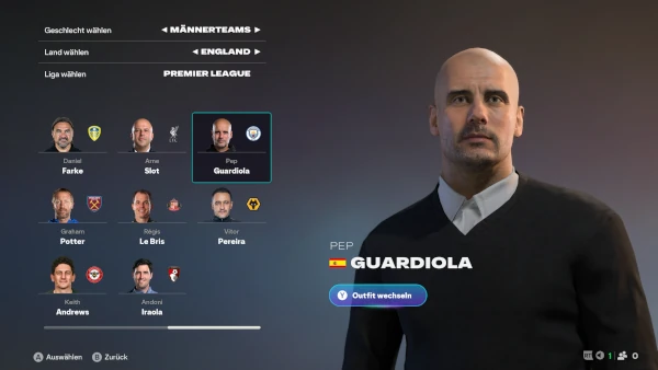 Das Bild zeigt die Trainerauswahl für die Premier League und Pep Guardiola im EA FC 26 Karrieremodus