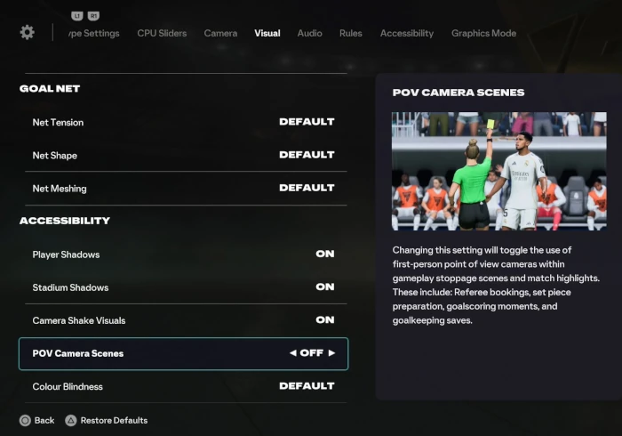 Das Bild zeigt die Einstellungen für die POV-Kamera im EA FC 26 Karrieremodus