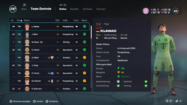 Das Bild zeigt die Kaderübersicht im EA FC 26 Karrieremodus