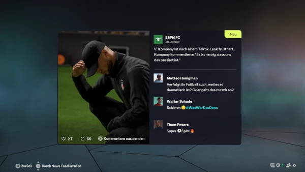 Das Bild zeigt einen frustrierten Vincent Kompany im EA FC 26 Karrieremodus