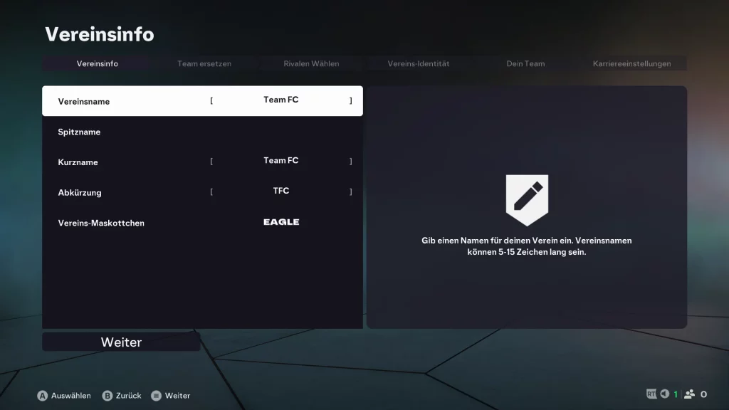 Das Bild zeigt die Wahl eines Masokttchens mit Create A Club im EA FC 26 Karrieremodus