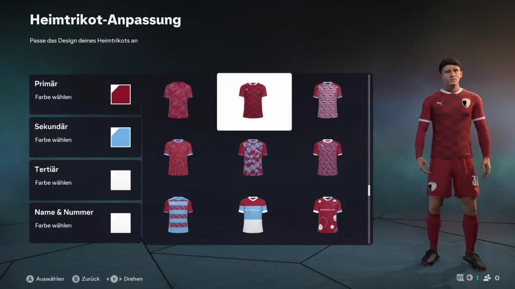 Das Bild zeigt die Wahl eines Trikots mit Create A Club im EA FC 26 Karrieremodus