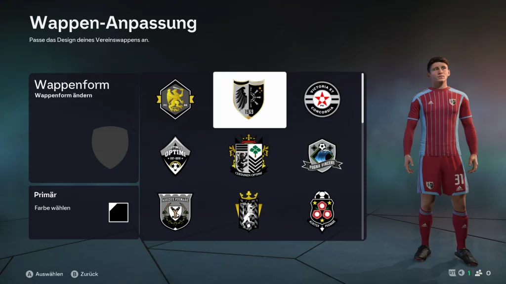 Das Bild zeigt die Wahl eines Wappens mit Create A Club im EA FC 26 Karrieremodus