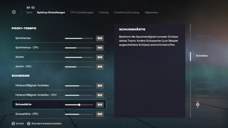 Das Bild zeigt meine Slider für das authentische Gameplay im EA FC 26 Karrieremodus