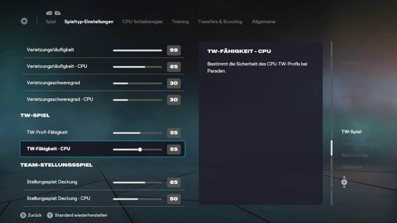 Das Bild zeigt meine Slider für das authentische Gameplay im EA FC 26 Karrieremodus