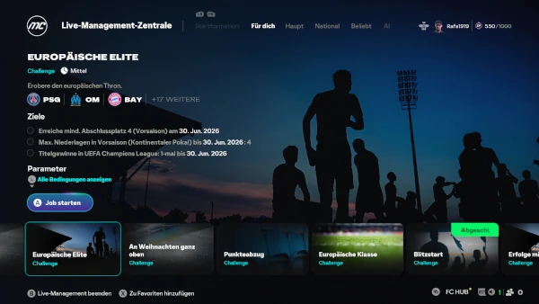 Das Bild zeigt die Live-Challenge "Europäische Elite" im EA FC 26 Karrieremodus