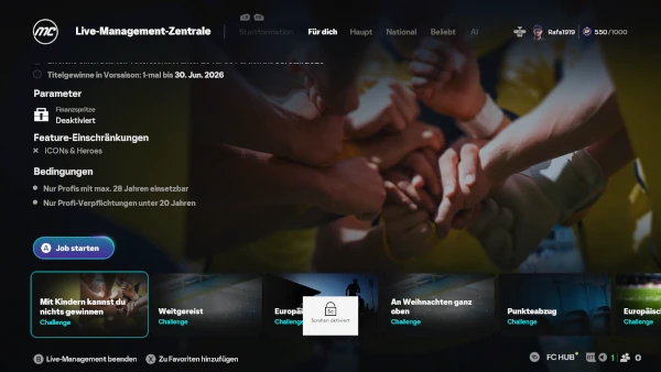 Das Bild zeigt die Live-Challenge "Mit Kindern kannst du nichts gewinnen" im EA FC 26 Karrieremodus