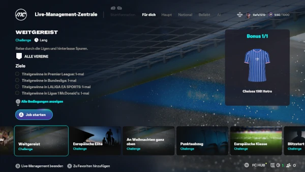 Das Bild zeigt die Live-Challenge "Weitgereist" im EA FC 26 Karrieremodus