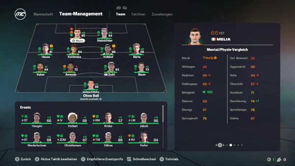 Das Bild zeigt zwei traurige Spielerm mit Heimweh in der Teamübersicht im EA FC 26 Karrieremodus
