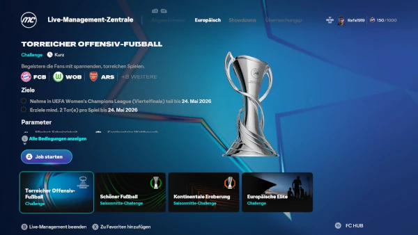 Das Bild zeigt die Challenge "torreicher Offensivfußball" im EA FC 26 Karrieremodus