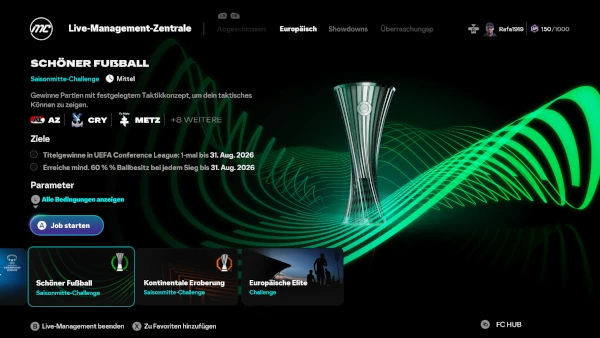 Das Bild zeigt die Challenge "Schöner Fußball" im EA FC 26 Karrieremodus