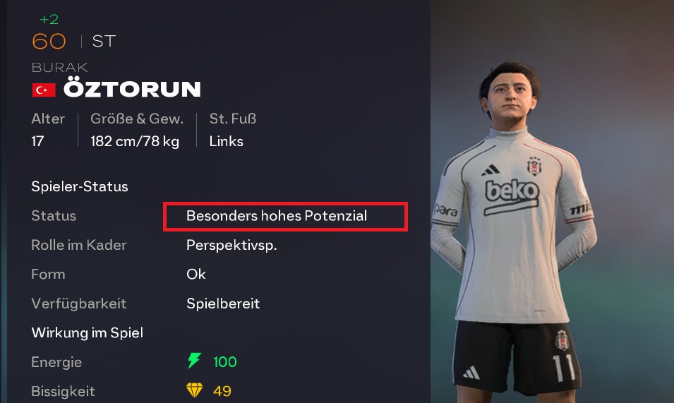 Das Bild zeigt, wie bis zum Holiday-Update im EA FC 26 Karrieremodus das Potenzial angezeigt wurde
