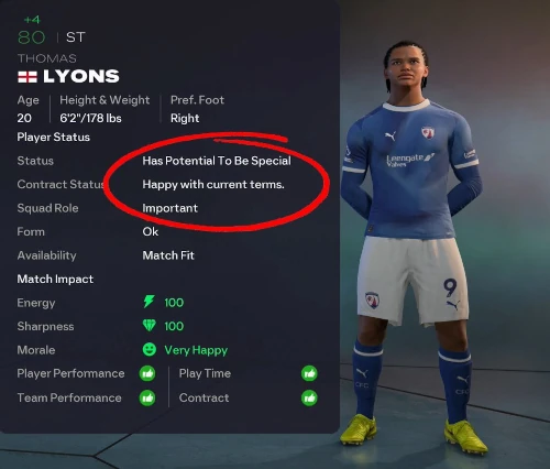 Das Bild zeigt, wie nach dem Update 1.4.0 Potenzial und Vertragsstatus angezeigt werden im EA FC 26 Karrieremodus