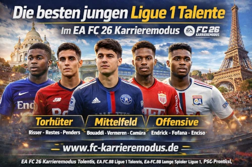 Das Bild zeigt die besten Talente aus der Ligue 1 in Frankreich im EA FC 26 Karrieremodus