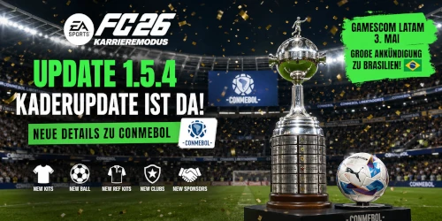 Das bild zeigt Kaderupdate 1.5.4 im EA FC 26 Karrieremodus mit neuen Inhalten zu Conmembol und Brasilien