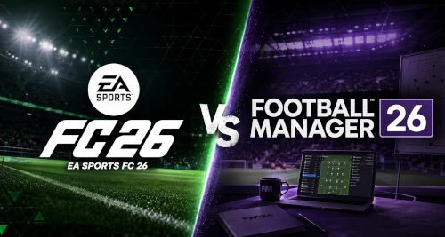 Das Bild zeigt den Vergleich vom EA FC 26 Karrieremodus und dem Football Manager 26