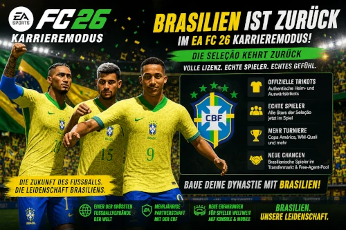 DAs Bild zeigt die Rückkehr von Brasilien als Nationalteam im EA FC 26 Karrieremodus
