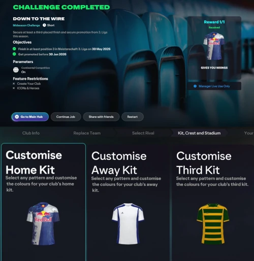 Das Bild zeigt die Challenge für ein Red Bull Trikot im EA FC 26 Karrieremodus