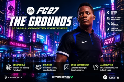Das Bild zeigt, wie Alex Hunter in der Open World "The Grounds" zurückkehrt in den EA FC 27 Karrieremodus