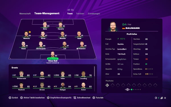 Das Bild zeigt die deutsche Aufstellung im EA FC 26 Karrieremodus und WM-Modus