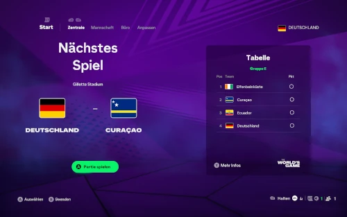 Das Bild zeigt den für dei Gruppe E korrigierten Spielplan zur WM im Worlds Game Modus und im EA FC 26 Karrieremodus