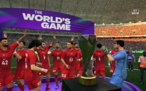 Das Bild zeigt die Siegesfeier der WM im Worlds Game Update im EA FC 26 Karrieremodus
