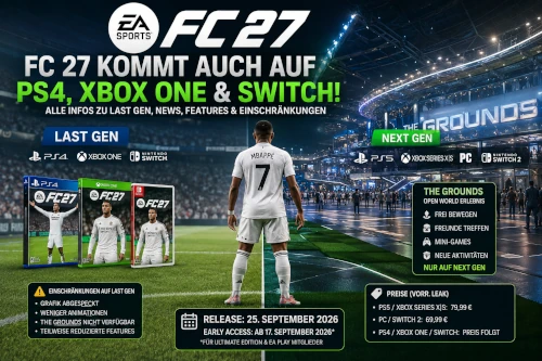 Das Bild zeigt, dass auch die Old Gen Konsolen XBoxOne und PS4 sowie Switch weiterhin den EA FC 27 Karrieremodus möglich machen