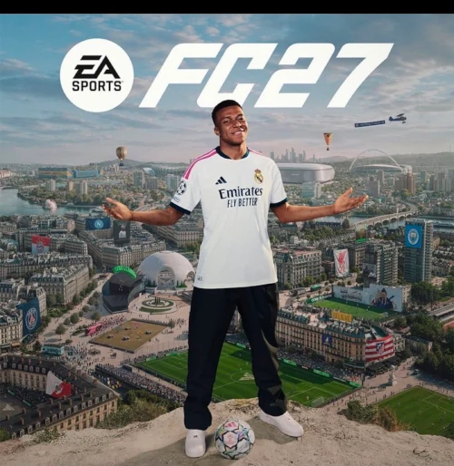 Das Bild zeigt das Cover der Standard Edition des EA FC 27 Karrieremodus mit Kylian Mbappé und The Grounds