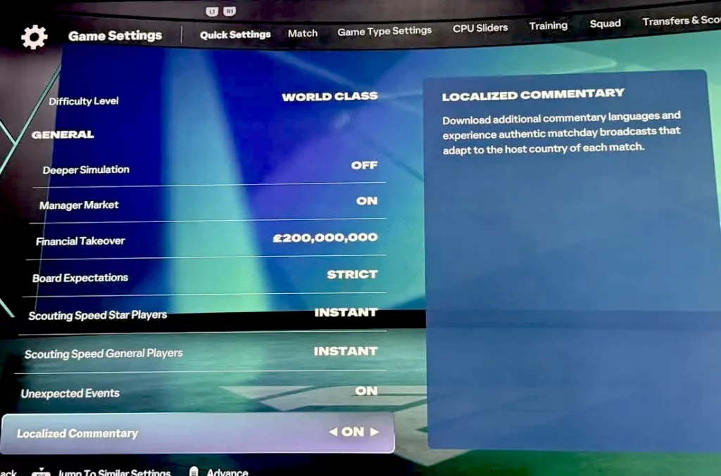 Das Bild zeigt, wie im EA FC 27 Karrieremodus sich die Kommentarsprache dem Land anpassen kann