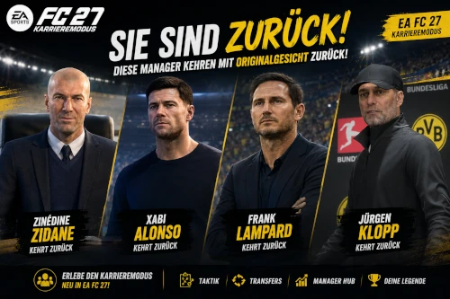 Das Bild zeigt Zinedine Zidane, Jürgen Klopp, Xabi Alonso und Frank Lampard, die als Trainer in den EA FC 27 Karrieremodus zurückkehren