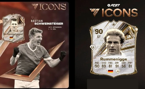 Das Bild zeigt Karl-Heinz Rummenigge und Bastian Schweinsteiger als Icons im EA FC 27 Karrieremodus
