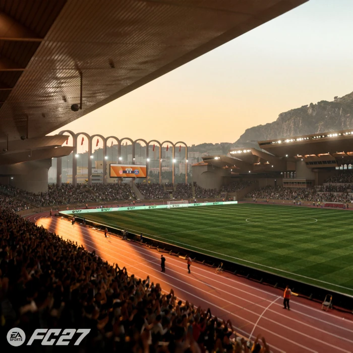 Das Bild zeigt das Stade Louis II von AS Monaco, das im EA FC 27 Karrieremodus neu eingescannt wurde