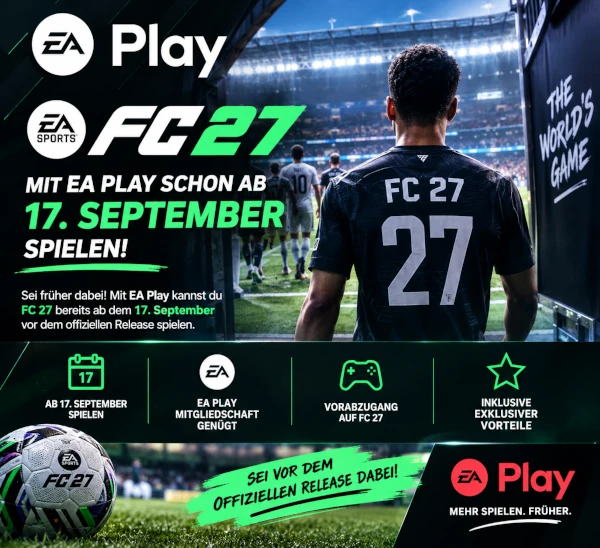 Das Bild zeigt, wie man mit EA Play schon ab 17. September den EA FC 27 Karrieremodus spielen kann