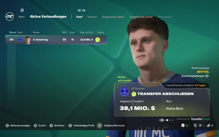 Das Bild zeigt das englische Supertalent Harrison Armstrong im EA FC 27 Karrieremodus im Transfermarkt