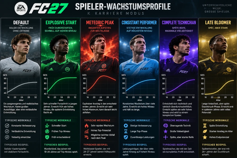 Das Bild zeigt die sechs Wachstumsprofile von Profis im EA FC 27 Karrieremodus