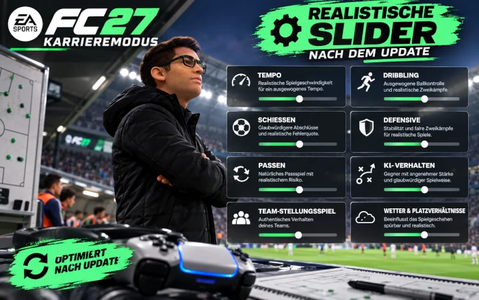 Das Bild zeigt, wie ich die Slider im EA FC 27 Karrieremodus nach Update 1.0.3. angepasst habe