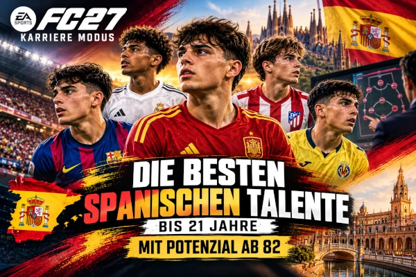 Das Bild zeigt dei besten Talente aus Spanien im EA FC 27 Karrieremodus