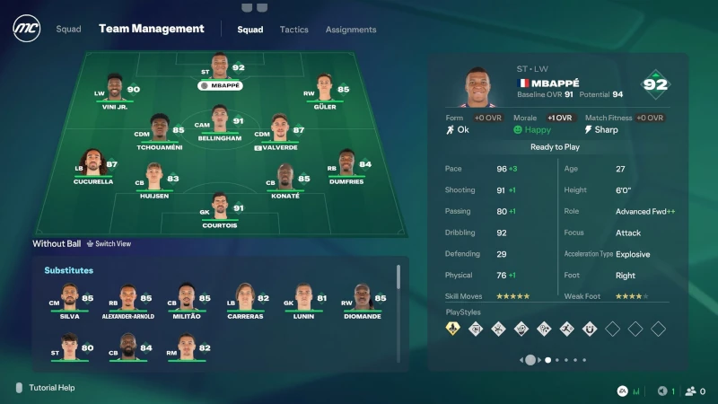 Das Bild zeigt das neue Teammenü im EA FC 27 Karrieremodus