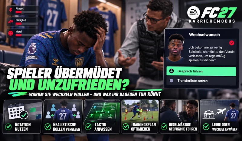 Das Bild zeigt das Problem übermüdeter Spieler, die im EA FC 27 Karrieremodus einen Wechselwunsch äußern