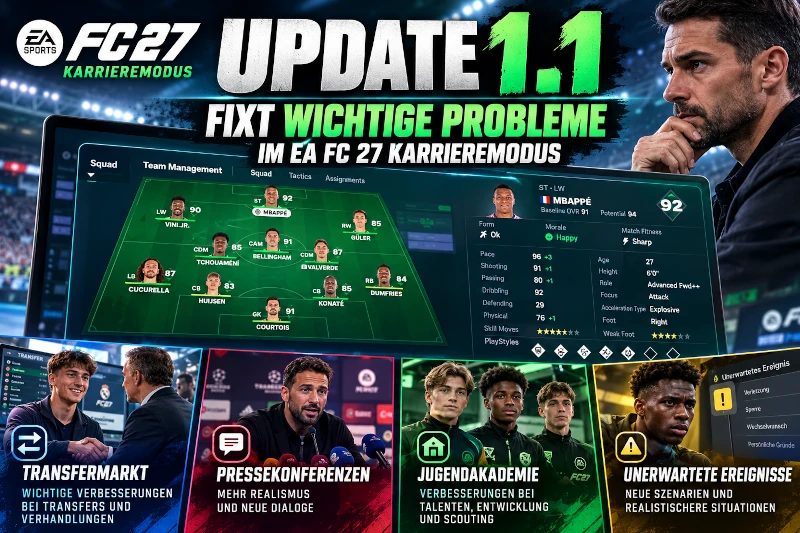 Das Bild zeigt das Update 1.1.0 für den EA FC 27 Karrieremodus