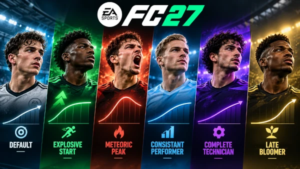 Das Bild zeigt die sechs Wachstumsprofile von Profis im EA FC 27 Karrieremodus